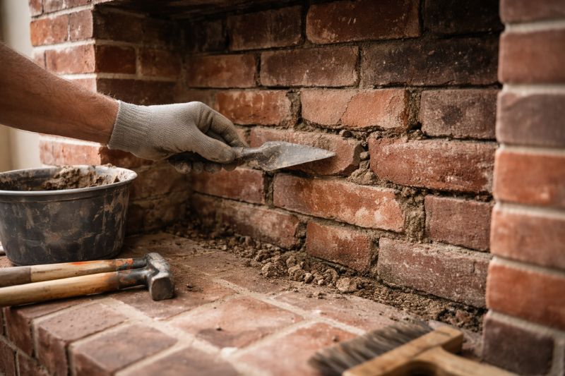 Brick fireplace repair with cracked mortar and damaged bricks in a Frisco TX home