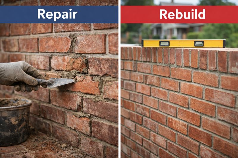 Side by side comparison of brick wall repair versus full rebuild showing damaged bricks and newly constructed wall in Frisco TX