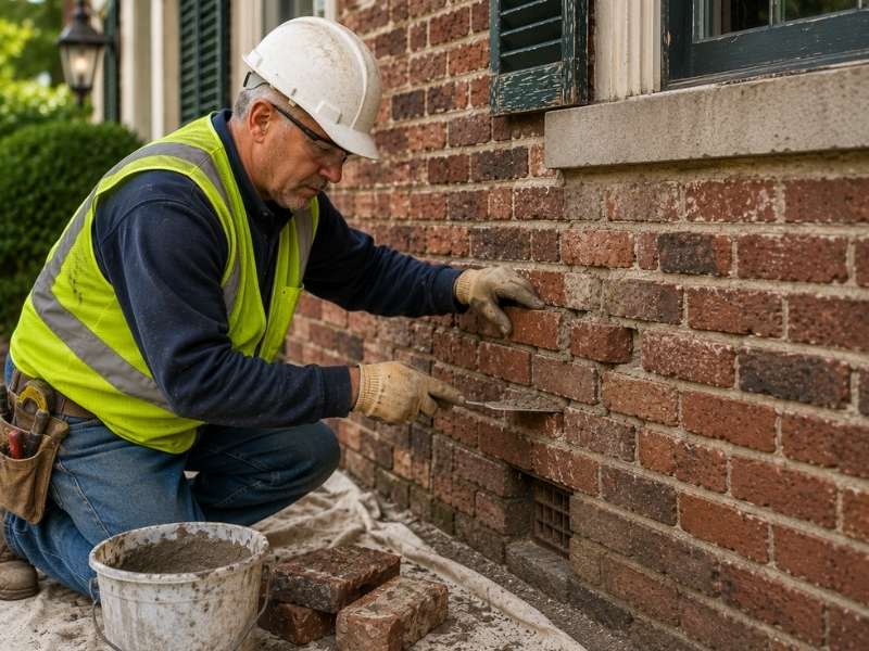 Brick repair on a historic home with a skilled mason restoring weathered brick and mortar to preserve the home's original character and appearance.