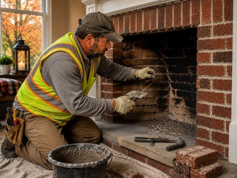 Fireplace repair by a skilled mason restoring mortar joints inside a brick fireplace before winter to improve safety and performance.