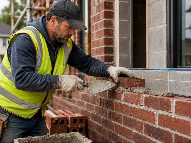 Skilled brickmason wearing a safety vest laying brick with mortar and a string line to build a strong, level masonry wall.
