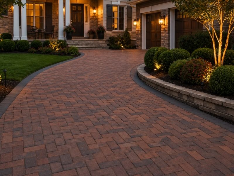 Brick paver driveway in a herringbone pattern complementing a traditional-style home with landscaped front yard in Frisco, TX.