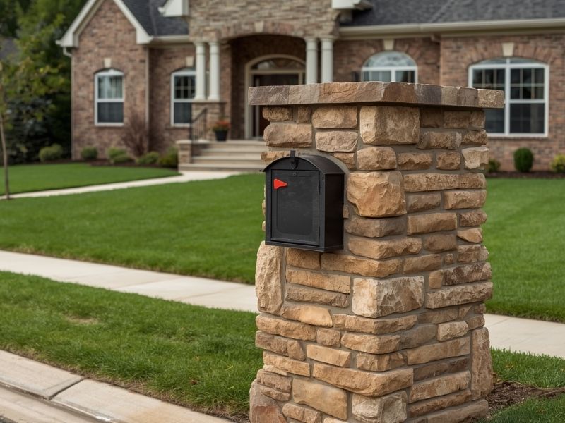 Custom stone mailbox design in a Frisco Texas residential front yard with natural stone masonry and matching home exterior