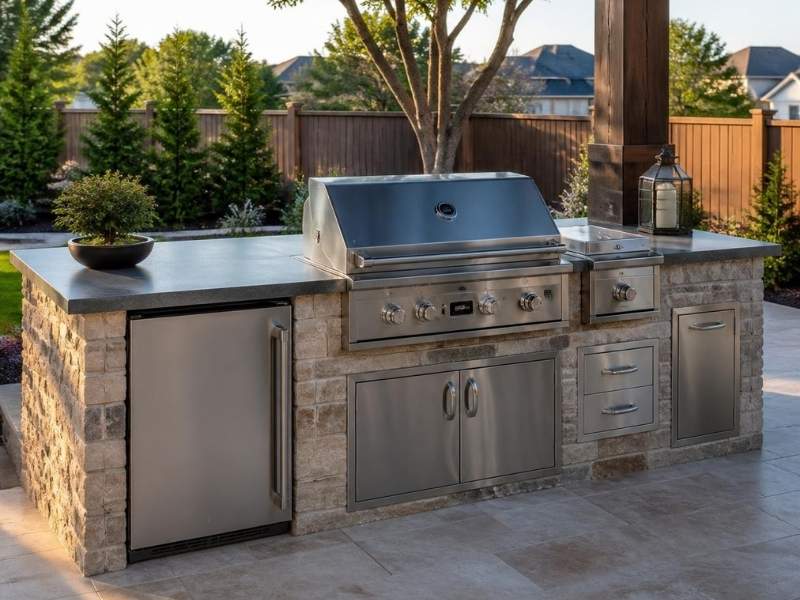 Custom stone masonry outdoor kitchen with grill and appliance openings in Frisco Texas