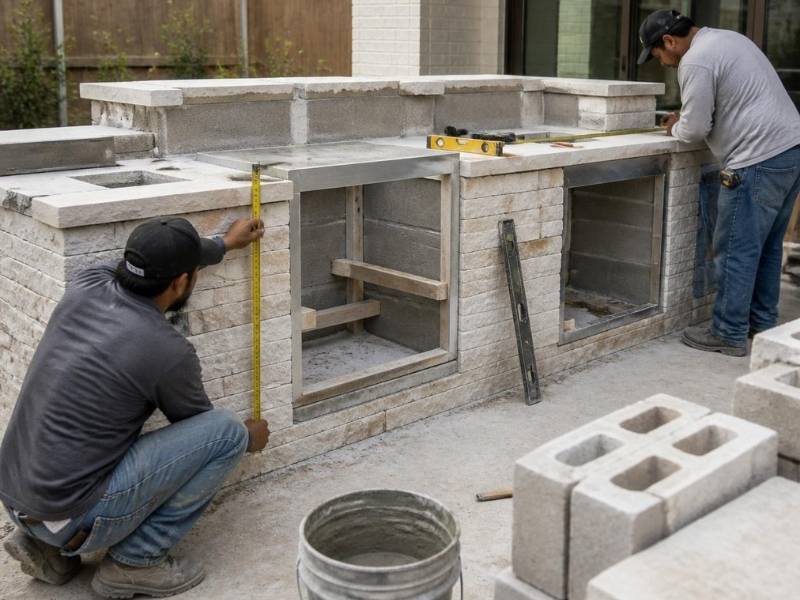 Masonry contractor planning appliance openings for an outdoor kitchen island in Frisco Texas