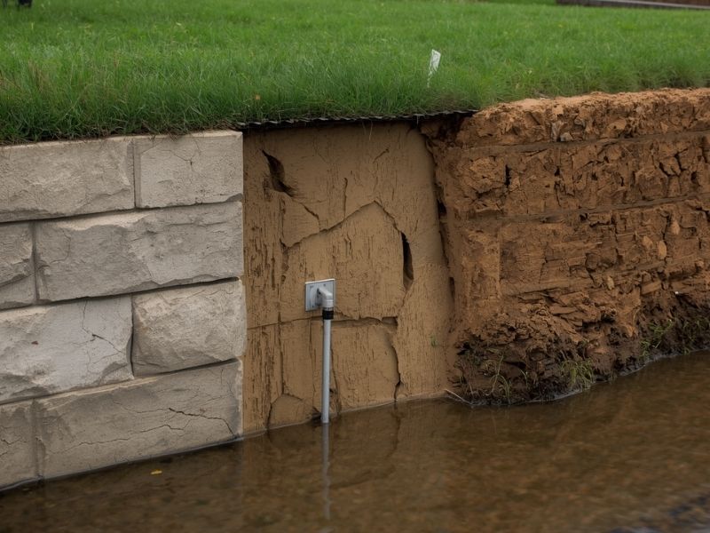 Retaining wall drainage failure showing water buildup, cracked soil, and erosion caused by trapped moisture behind the wall