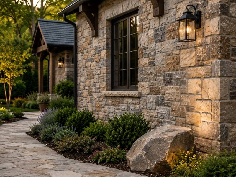 Professionally installed natural stone veneer with blended stone patterns and consistent joints on a residential home exterior in Fort Worth, TX.