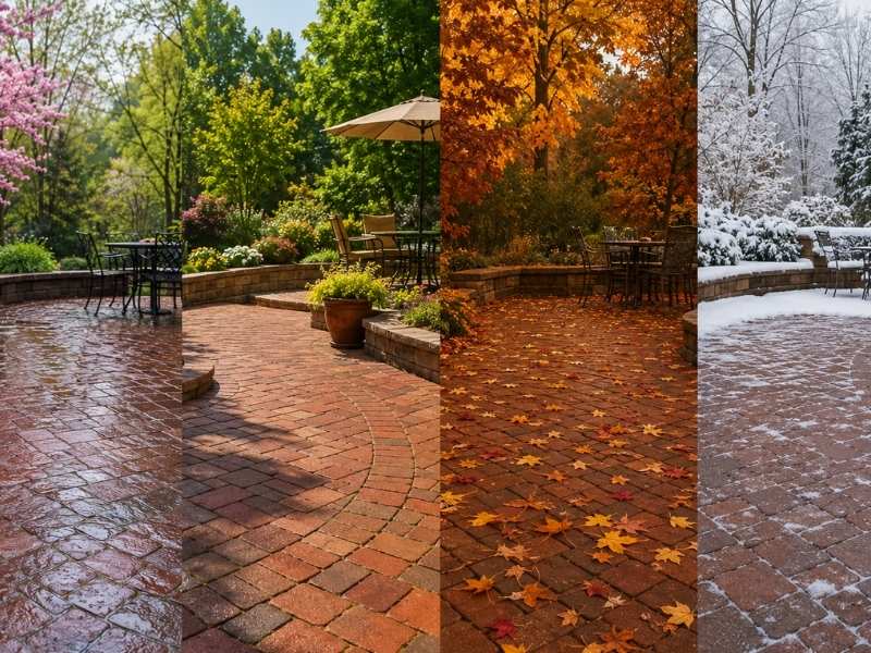 Brick patio shown through spring rain, summer sun, fall leaves, and winter snow, illustrating how seasonal weather affects brick pavers in Frisco, TX.