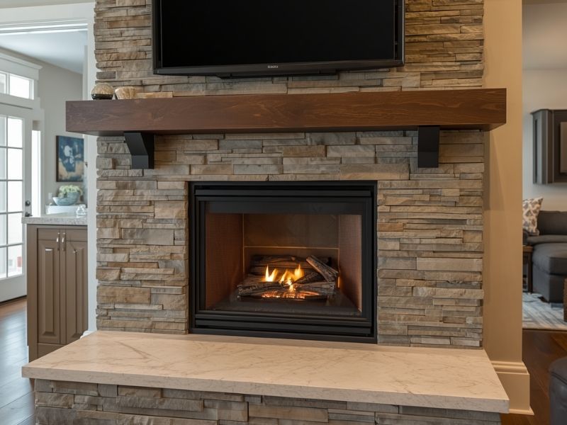 Custom stone hearth fireplace design in a Frisco Texas home featuring a natural stone surround and finished masonry details