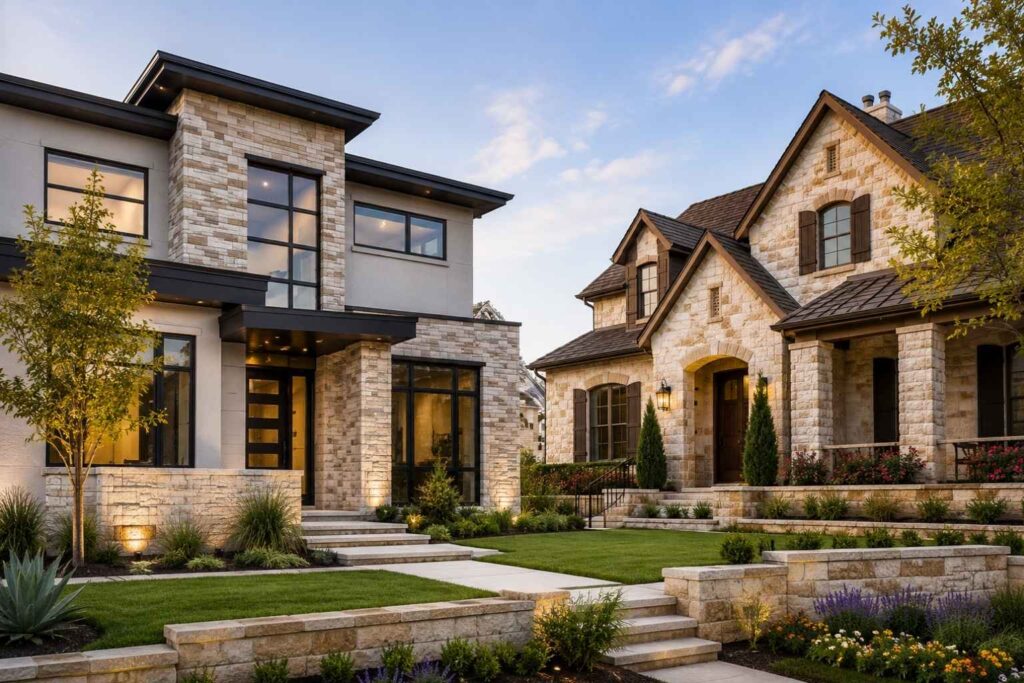 Modern and traditional luxury homes in Frisco, Texas featuring natural stone masonry facades, stone columns, and landscaped front yards.