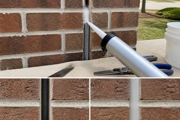 Brick masonry expansion joint repair with backer rod and fresh sealant in Frisco, Texas.