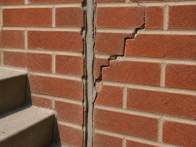 Failed brick masonry expansion joint with cracked sealant and stair-step cracking in Frisco, Texas.