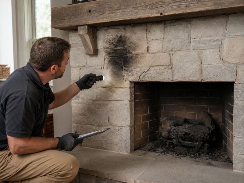 fireplace repair recurring smoke stains - Frisco Brick & Stone Fireplace repair inspection for recurring smoke stains and cracked masonry above a residential firebox
