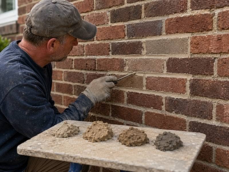  Brick mason matching mortar samples and carefully tooling new joints to blend a repair into an existing brick wall
