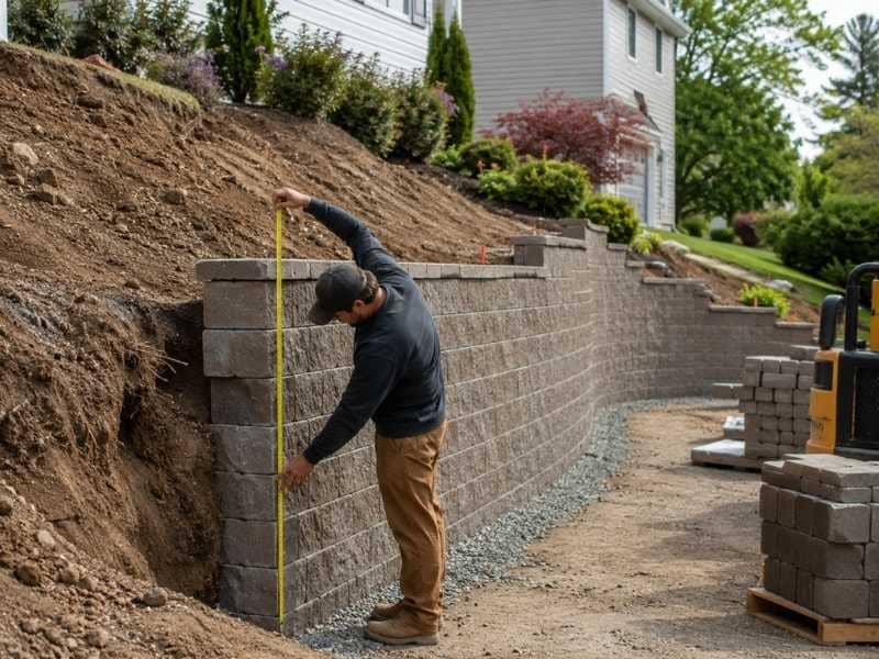  Retaining wall height being measured from finished grade to the top of a stepped wall on a sloped residential site
