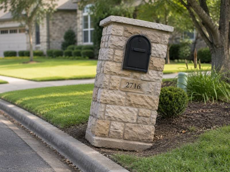 stone mailbox leaning slightly before mortar cracks appear in a residential curbside setting
