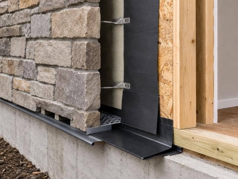 Stone Masonry wall in Frisco, TX with weep openings, flashing, and a drainage cavity that directs hidden moisture out to prevent water damage and efflorescence.
