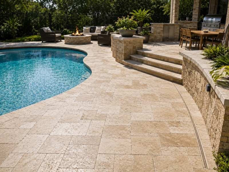 Stone pavers around a pool with a linear drain, textured surface, and smooth transitions to steps and masonry walls
