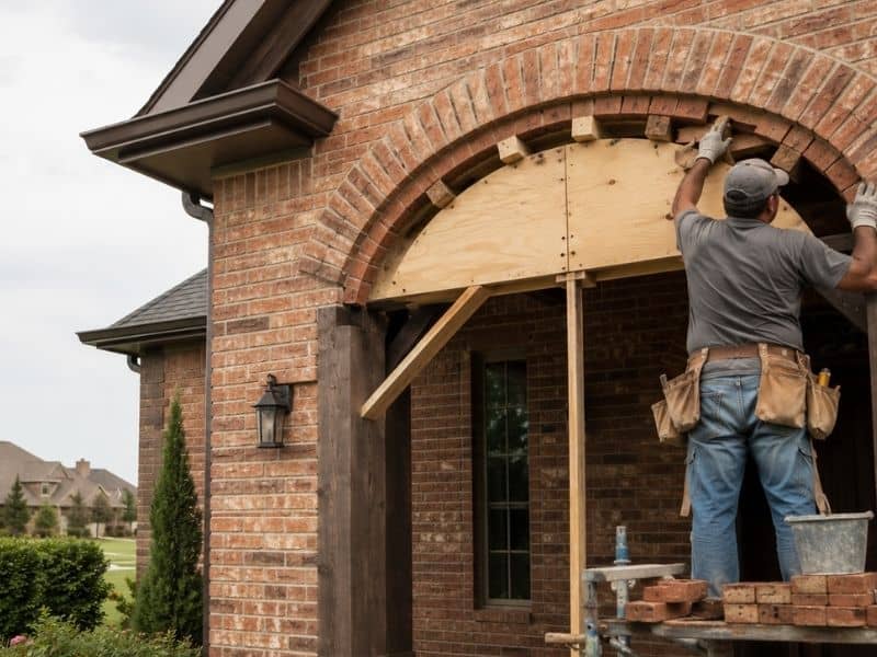 Brickmason builds a supported brick arch over a Frisco home entry