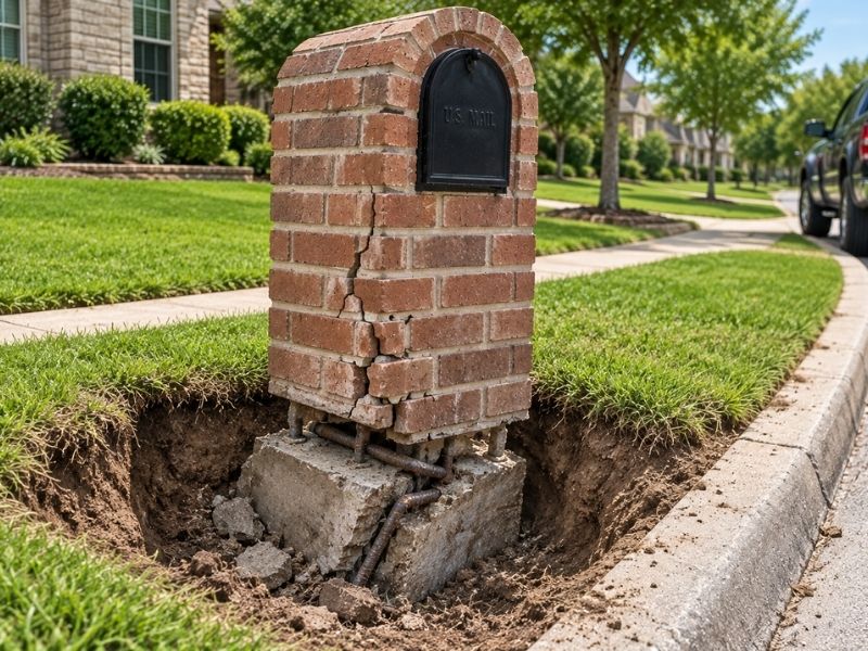 Damaged brick mailbox in Frisco, TX with cracked masonry, exposed concrete footing, bent rebar, and below-grade foundation damage after a vehicle impact.