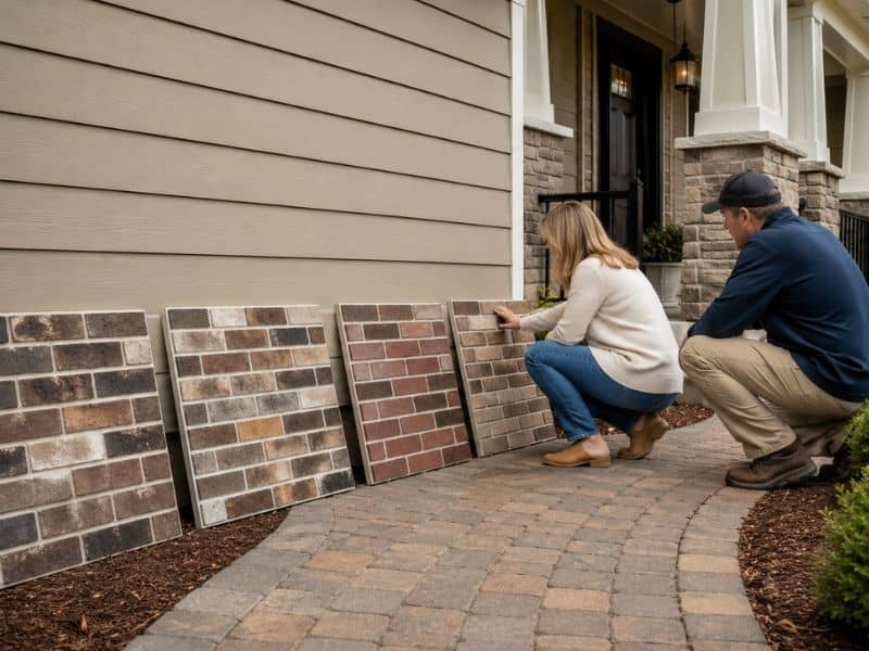 Brick selection exterior remodeling - Frisco Brick & Stone Homeowners comparing brick sample panels before coordinating an exterior remodeling project.