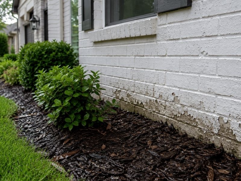 Painted brick peeling near the foundation of a Frisco, TX home, showing moisture damage along the lower brick courses next to damp mulch and landscaping.