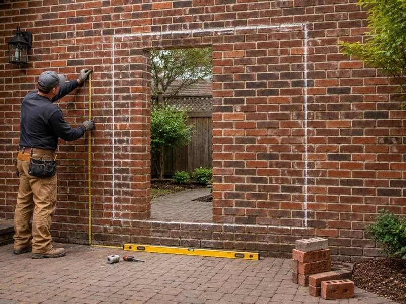 Planning new brick wall opening - Frisco Brick & Stone Contractor measures a planned patio door opening in an existing brick wall before construction begins