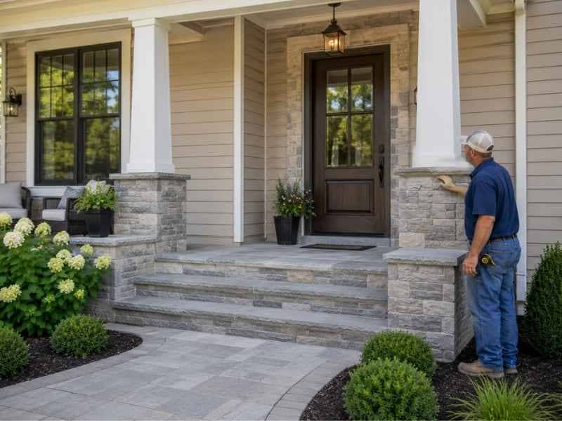 Stone details in Frisco Texas adding a finished look to a front entry with stone accents around columns steps and the doorway.