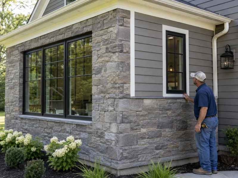 Stone masonry in Frisco Texas showing a clean transition between stone veneer and siding on a home addition.