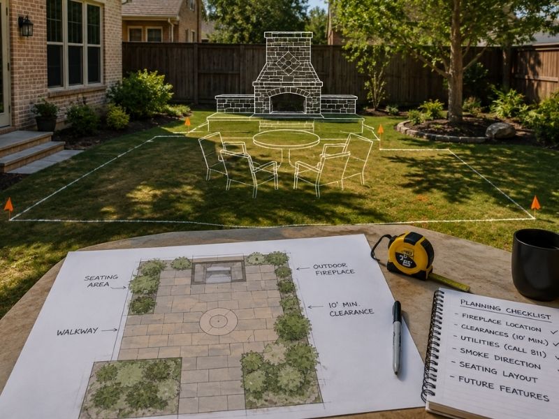 Outdoor fireplace placement planning before patio construction in Frisco, TX, showing a backyard layout with seating, utility planning, and future patio design.
