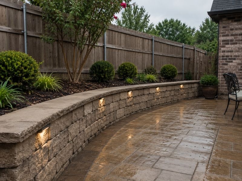 Retaining wall project beside an existing stone patio in a compact residential backyard in Frisco, TX.