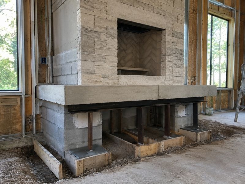 stone-fireplace-mantel-installation-frisco-tx - Frisco Brick & Stone Stone fireplace under construction with a newly installed mantel in Frisco, TX.