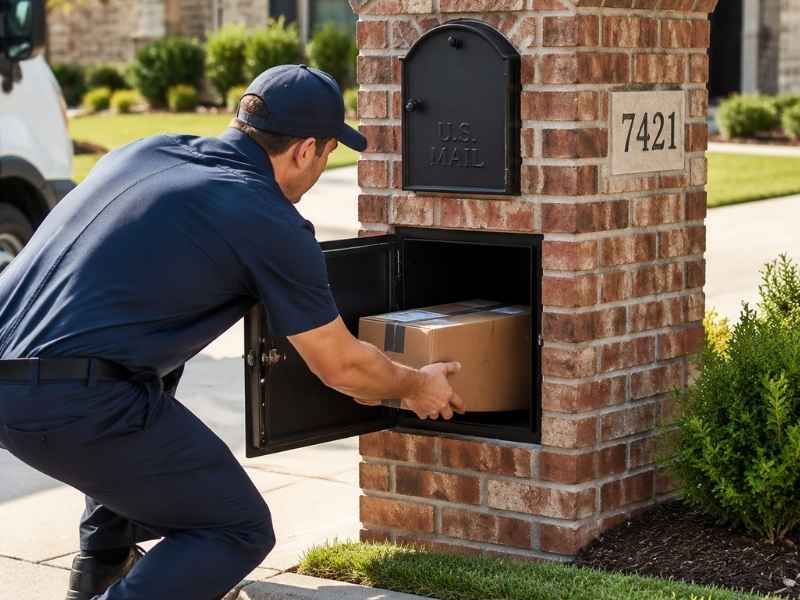 Brick mailboxes designed around modern package delivery in Frisco Texas with a custom masonry mailbox holding a package compartment for residential deliveries
