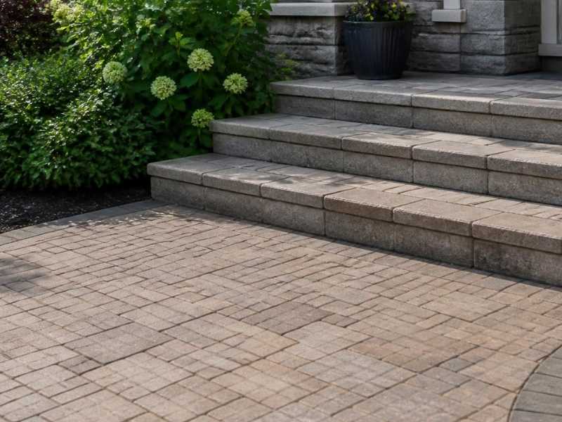 Brick pavers forming a clean elevation transition at masonry steps in Frisco, Texas.
