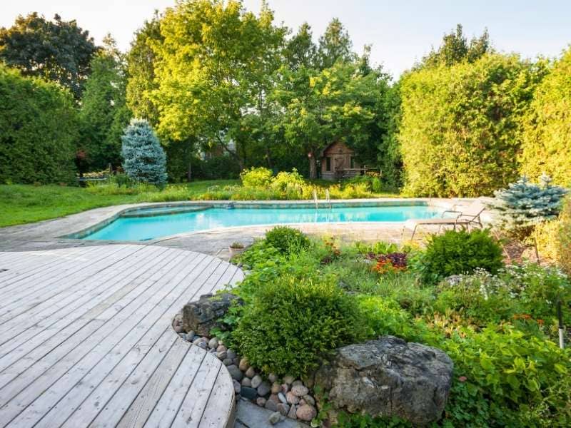stone patio irregular backyard boundaries 1 - Frisco Brick & Stone Backyard with a rectangular in-ground pool, wooden deck, and lush garden landscaping surrounding it.